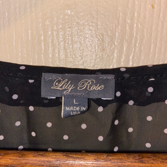 Lily Rose sheer v-neck blouse black with tiny white polka dots - size large - Picture 2 of 3